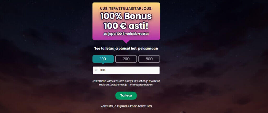 Boom Casino tervetuliaisbonus 100 % bonus 100 € asti + 100 ilmaiskierrosta