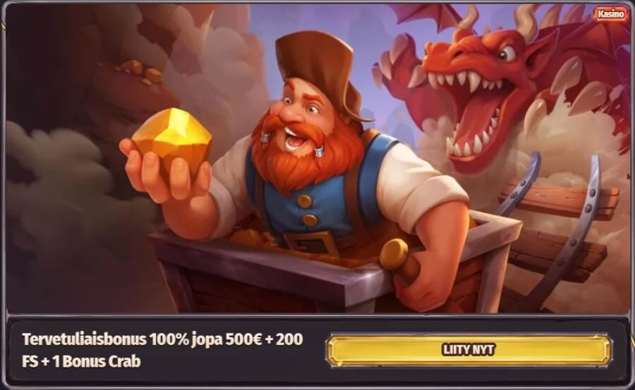 Dragonialta tervetuliaisbonus jopa 500 €, 200 ilmaiskierrosta sekä 1 Bonus Crab