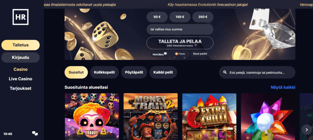 Kuva High Roller kasinon etusivusta