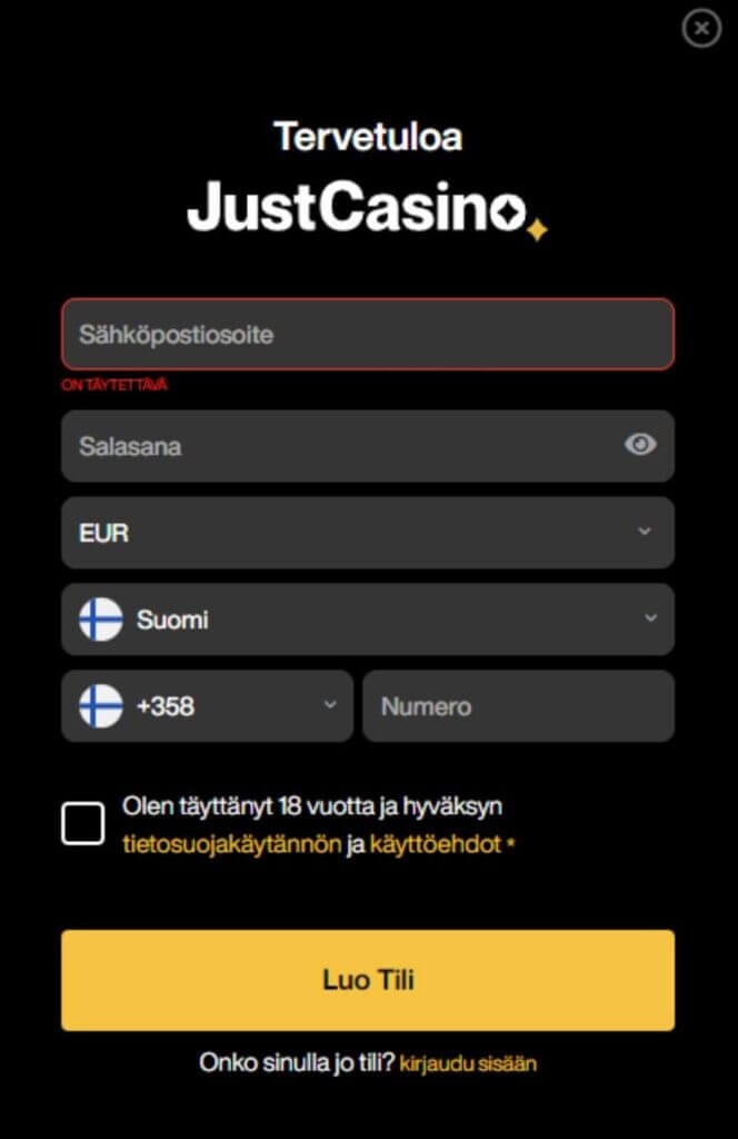 JustCasino arvostelu pelitilin avaaminen