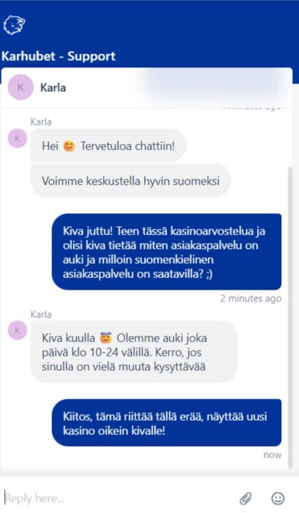 Livechat asiakaspalvelun kanssa kuvakaappaus Karhubet SuomiCasino.com