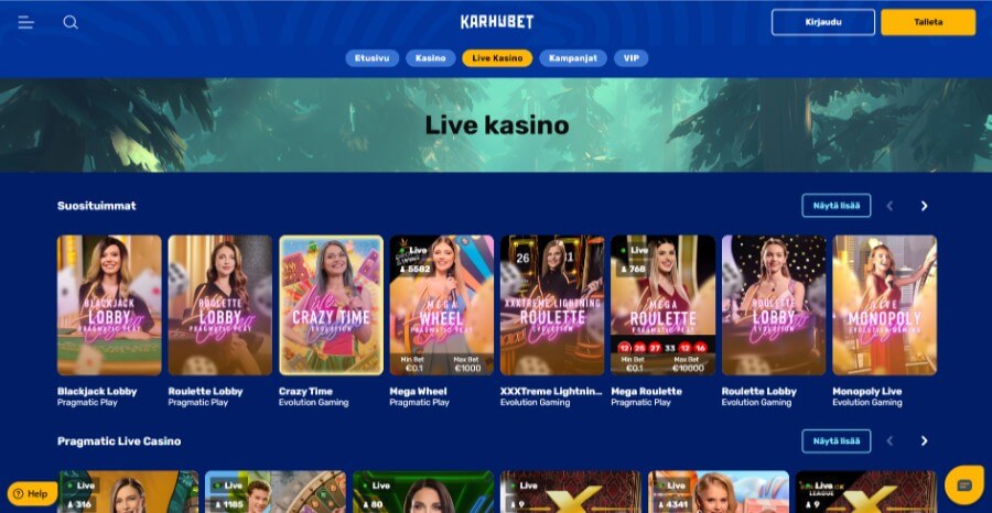 Livepelit kasinoaula suosituimmat pelit kuvakaappaus Karhubet SuomiCasino.com