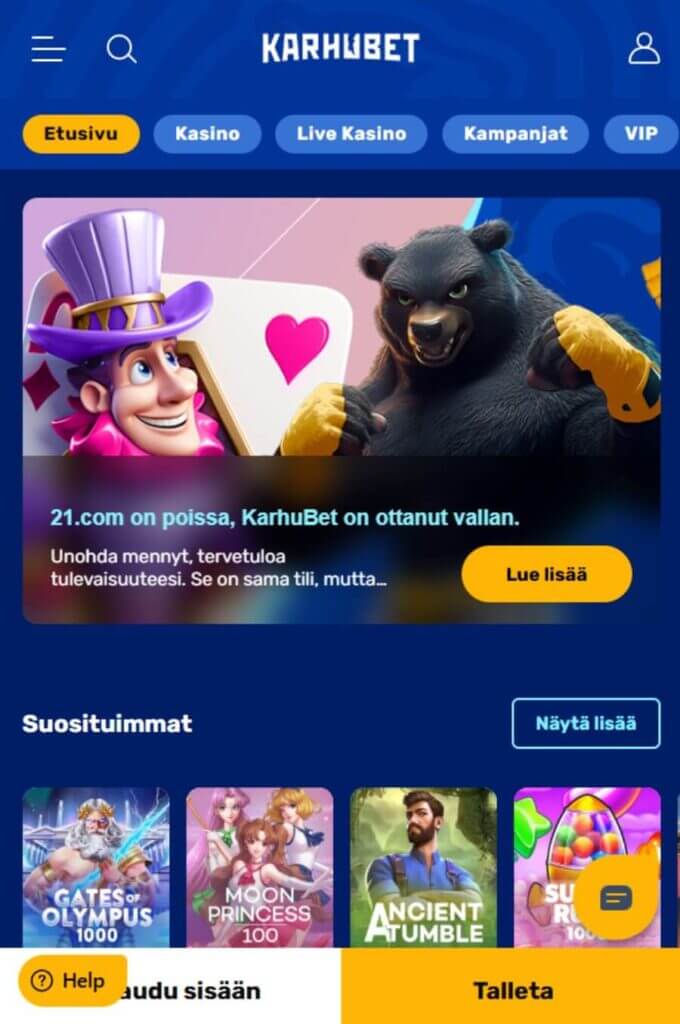 Mobiililaite näkymä kuvakaappaus Karhubet SuomiCasino.com