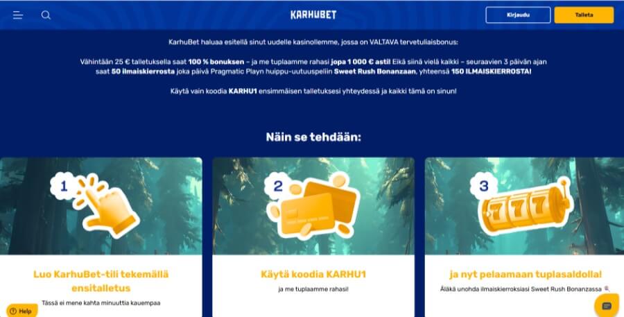Ensitalletusbonus kuvakaappaus Karhubet SuomiCasino.com