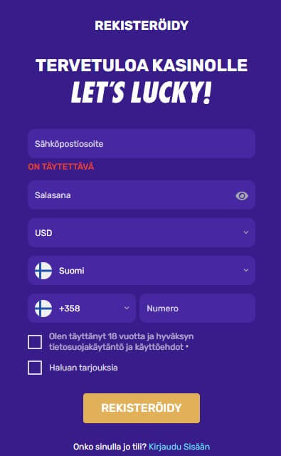 LetsLucky rekisteröityminen 1