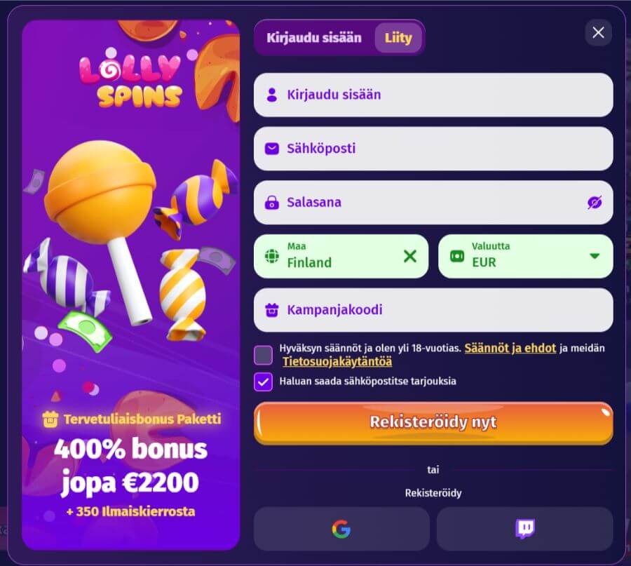 Lolly Spins prosessi rekisteröinti SuomiCasinoCom