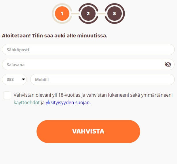 Moi Casinon pelitilin avaus lomakkeen ensimmäinen sivu