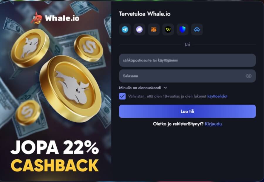 Whale.io rekisterรถityminen