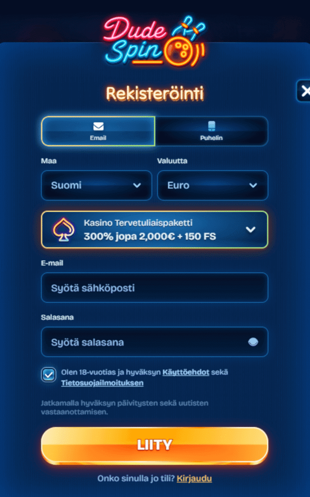 DudeSpin rekisteröinti