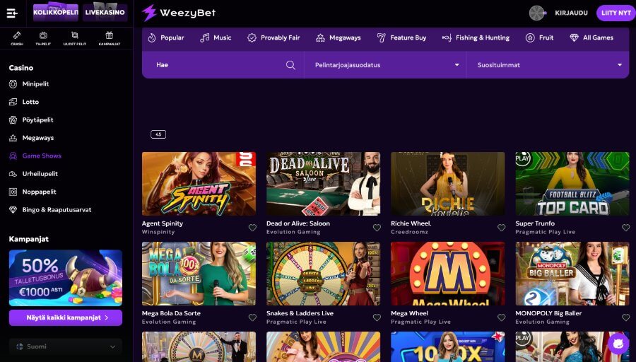 WeezyBet pelivalikoima