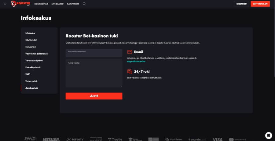 Rooster Bet asiakaspalvelu