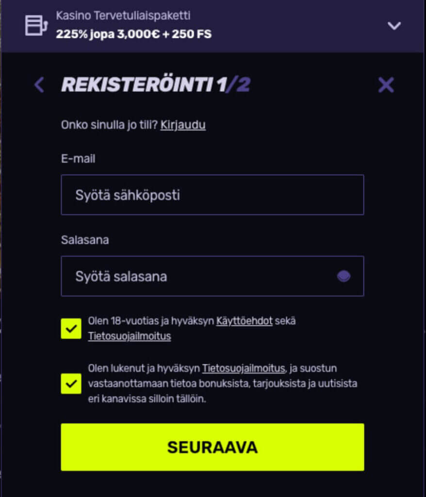 Sportuna rekisteröityminen