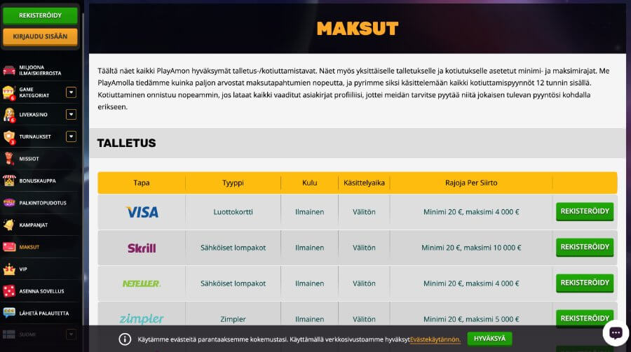 PlayAmo maksutavat