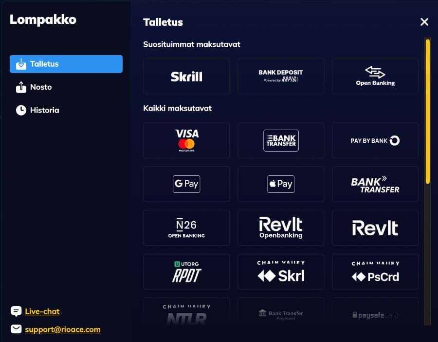 RioAce Casino maksutavat