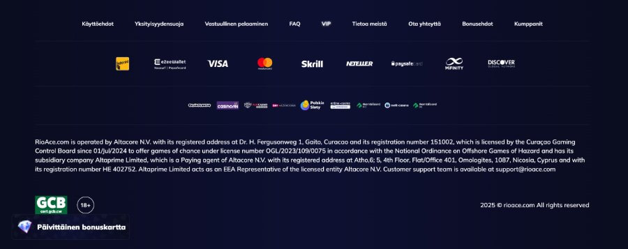 RioAce Casino lisenssi ja maksutavat