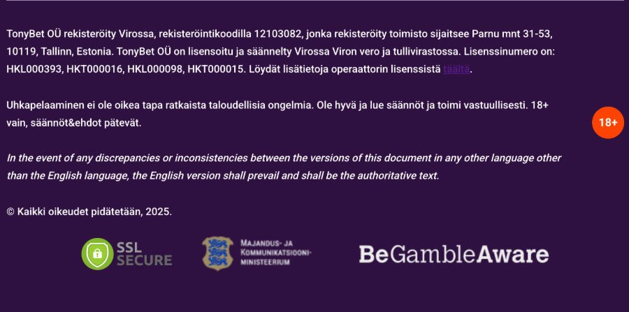 Tonybet pelilisenssi