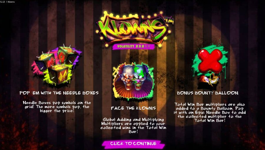 Klowns esittelyssä pelin erikoistoimintoja