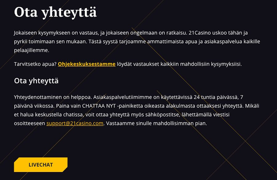 21 Casino asiakaspalvelu