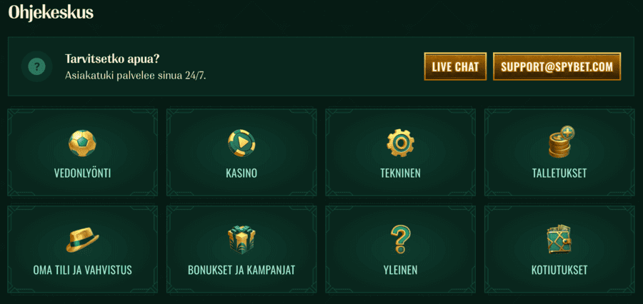 Spybetin ohjekeskus tarjoaa live-chatin sekä sähköpostin. 