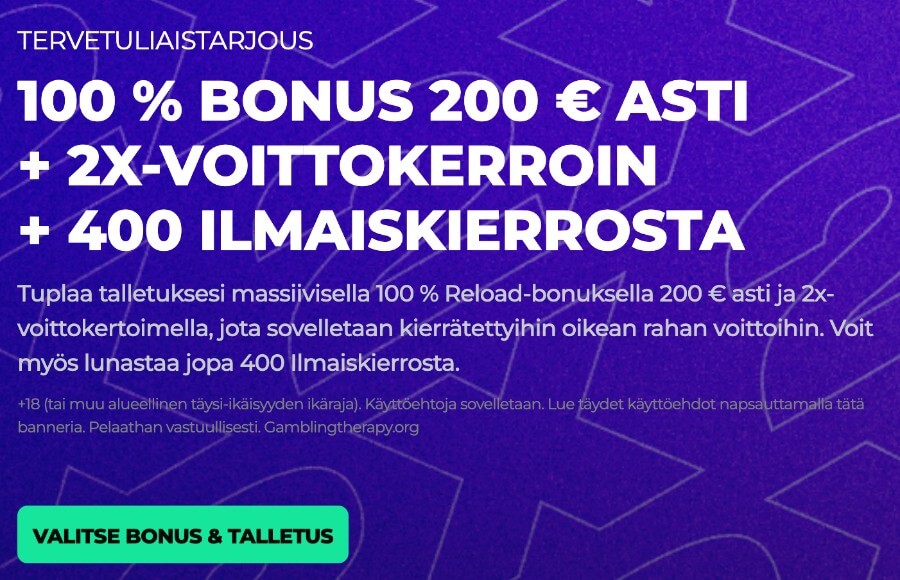 Energy Casinon tervetuliaisbonus on 100 % bonus 200 € asti + 2x-voittokerroin + 400 ilmaiskierrosta