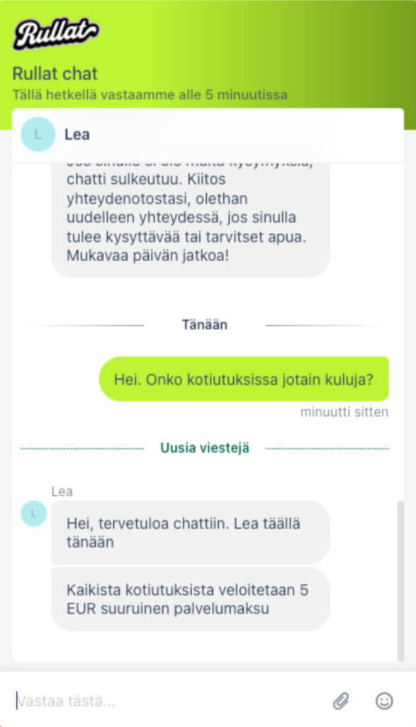 Rullat kasinon kuvakaappaus live-chat keskustelusta