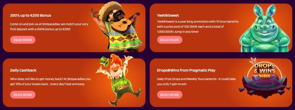 Tervetuliaisbonus, cashback bonus, erilaisia kampanjoita Slot Paradisella