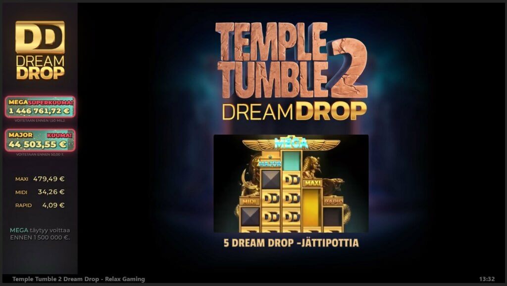 Temple Tumble 2 Dream Drop -kolikkopelissä on viisi eri jättipottia.