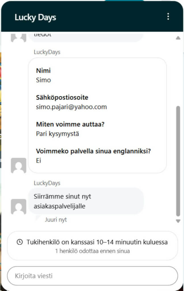 lucky days asiakaspalvelu SuomiCasinoCom
