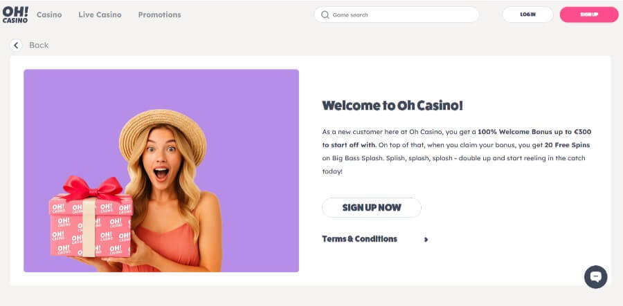 Tervetuliaisbonus bonukset kuvakaappaus Oh Casino SuomiCasino.com