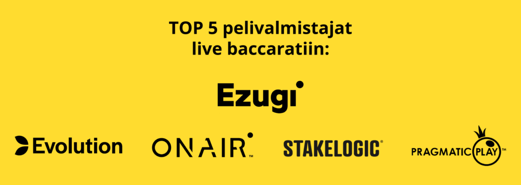 Live baccarat valmistajat Ezugi, Evolution, OnAir, Stakelogic, Pragmatic Play