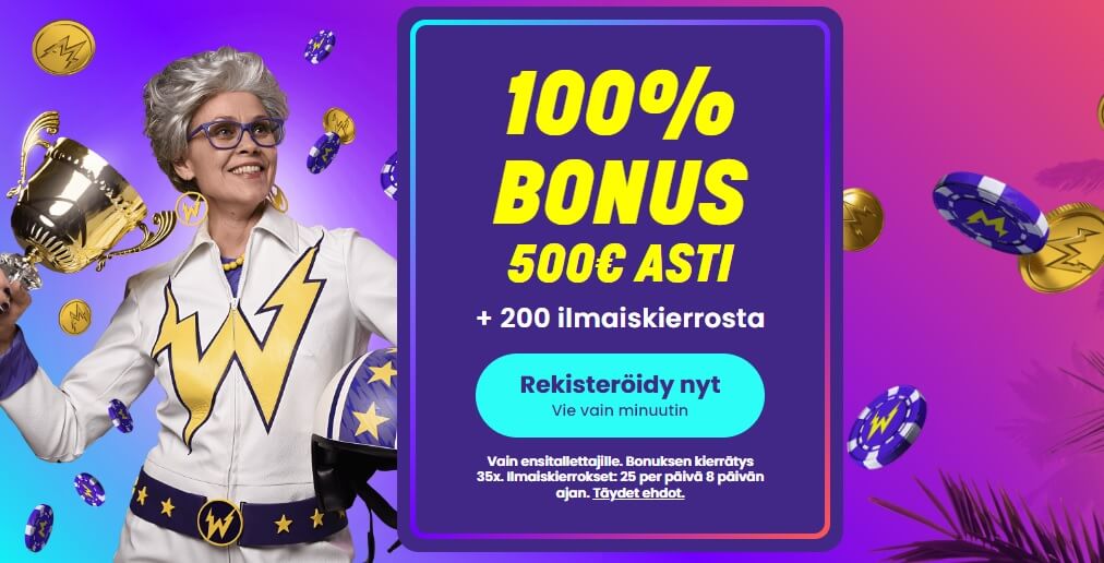 Wildz tervetuliaisbonus 100 % bonus 500 € asti + 200 ilmaiskierrosta